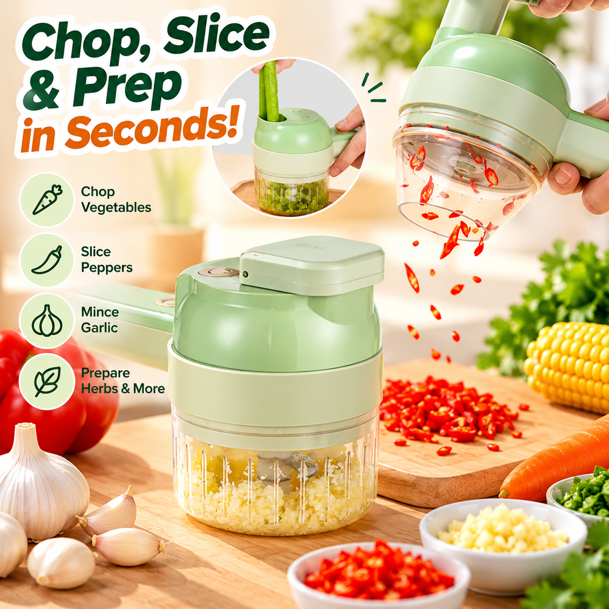 3in1 Electric Vegetable Cutter Set Handheld Wireless Electric Garlic Masher Food Chopper Meat Grinder Machine Food Peel Slice